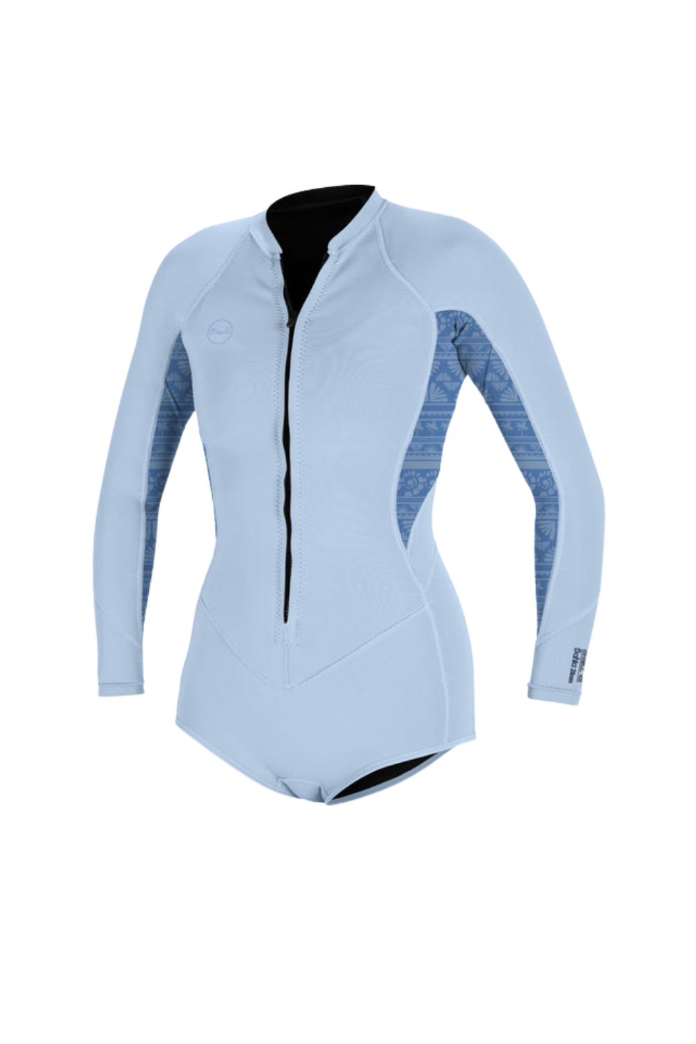Light blue long-sleeve spring wetsuit with black zipper on a white background
