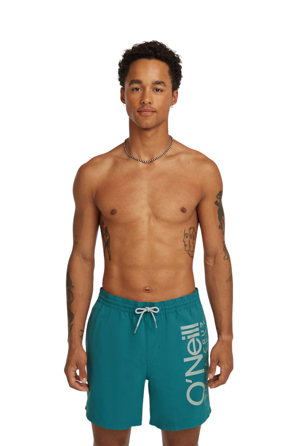 Man wearing teal swim shorts with 'O'Neill' branding on a white background