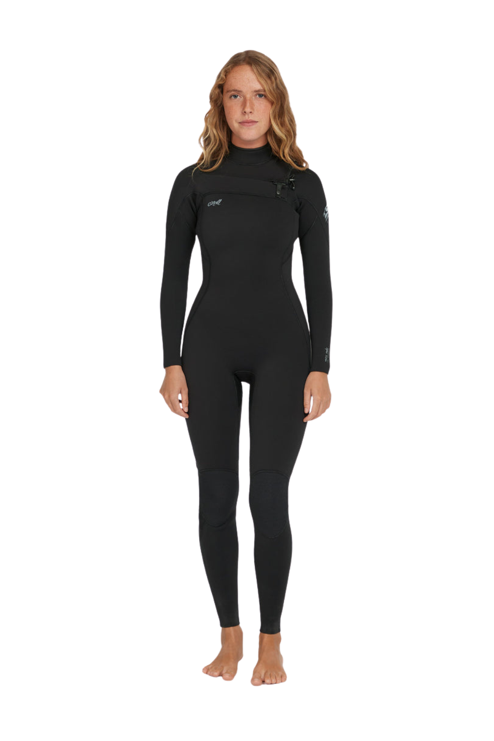 Person wearing an O'Neill wetsuit with chest zip in black on a white background