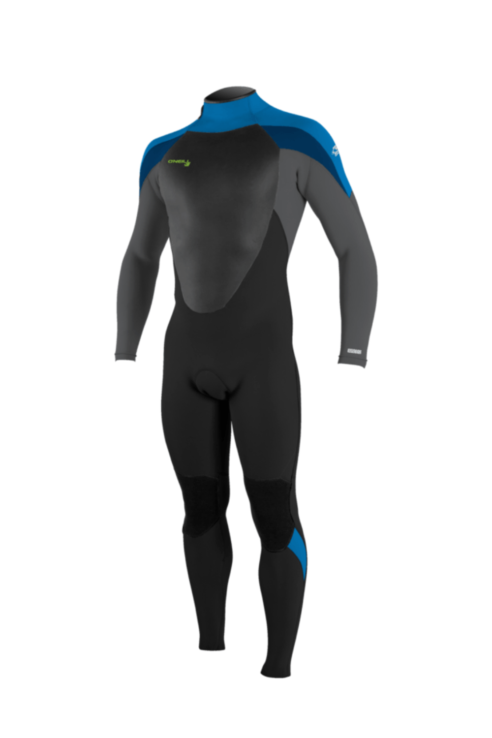 A full-body black O'Neill wetsuit with blue shoulder panels and gray arm sections, shown from the back on a plain white background.