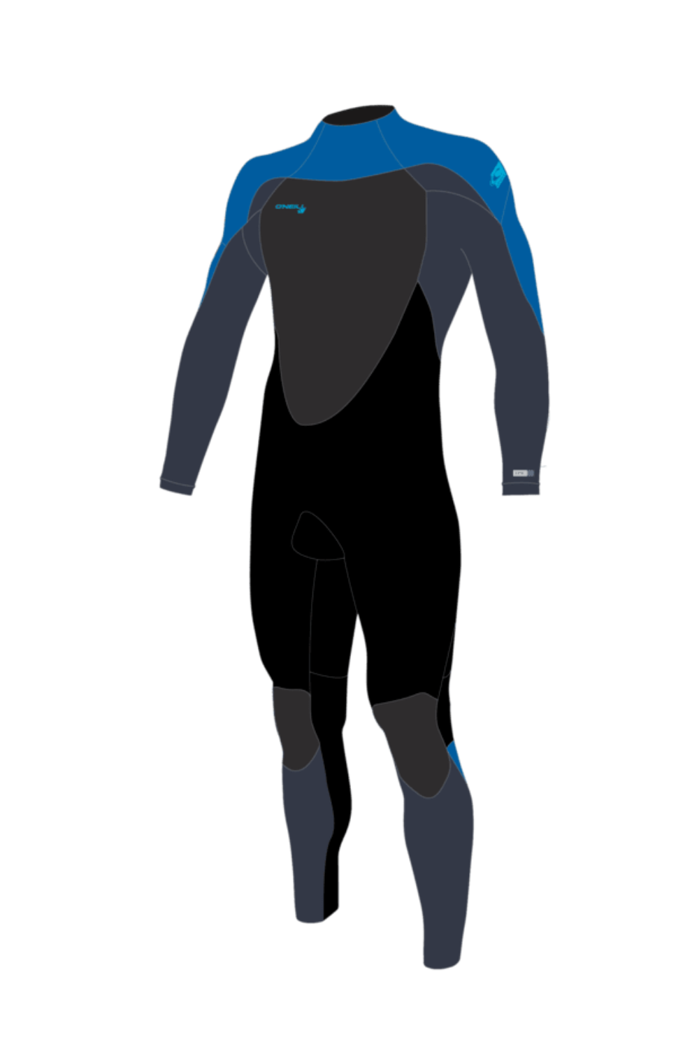 A full-body O'Neill Epic Youth wetsuit shown on a plain white background, with a black torso and legs, blue upper sleeves and shoulders, and dark gray mid-arms and lower legs.
