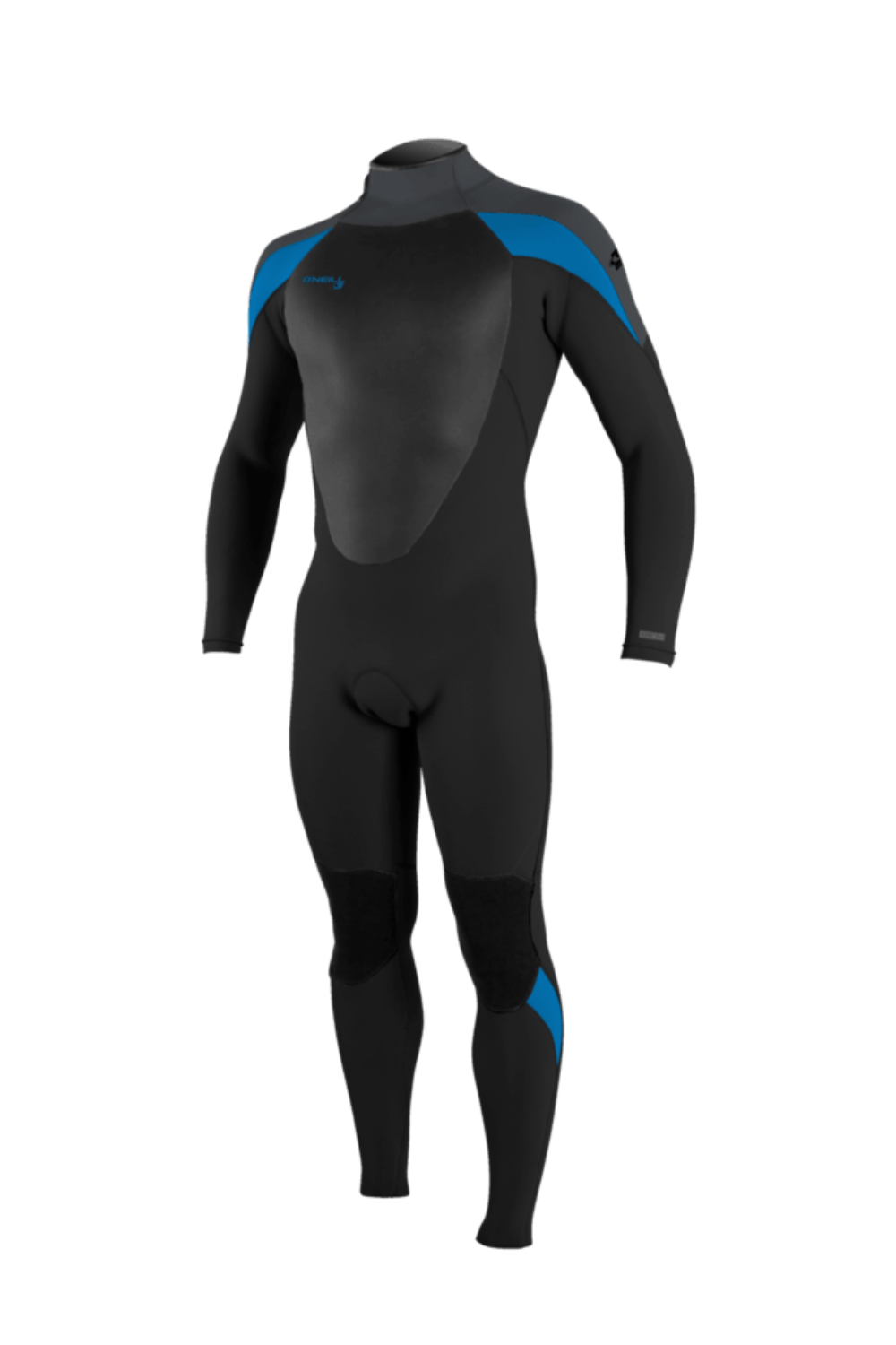 A black full-body O'Neill Epic wetsuit with blue shoulder and lower-leg accents, shown on a white background.