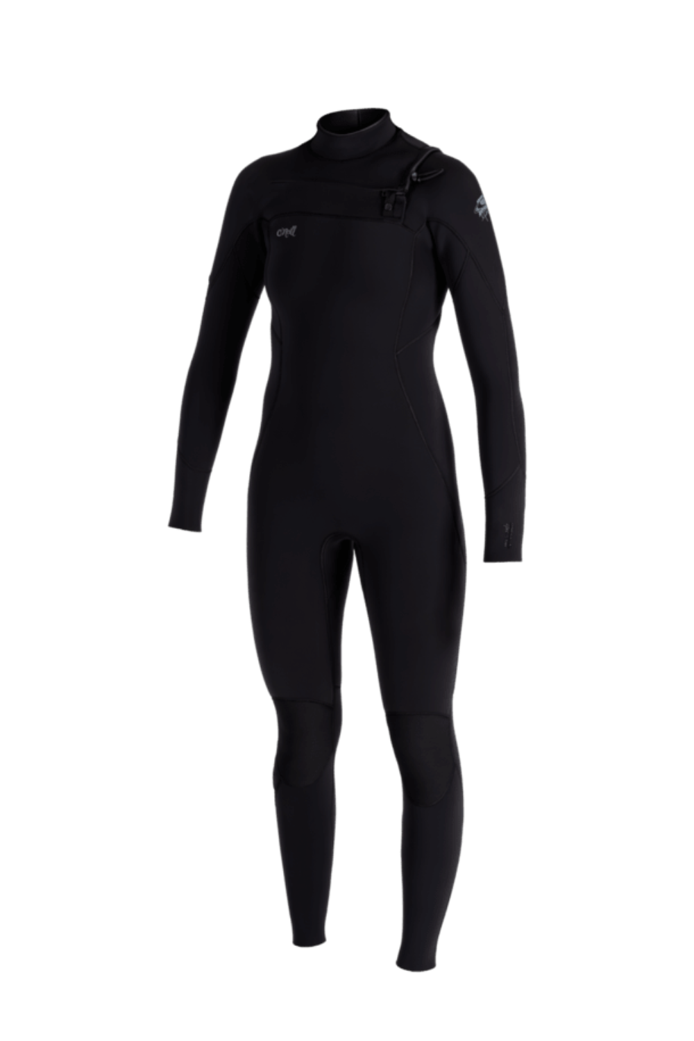 A full-body black O'Neill Epic 5/4mm wetsuit with long sleeves, a high mock neck, and an asymmetrical shoulder strap closure, shown on a plain white background.
