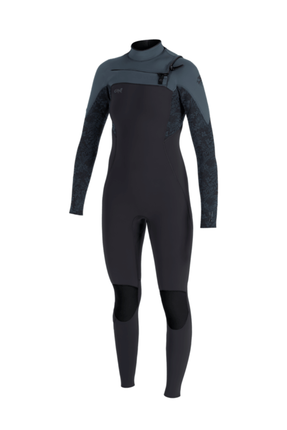 An O'Neill Epic 5/4mm Womens Wetsuit with Chest Zip in Tempered Steel/Shaded Island Sky/Shade shown on a white background