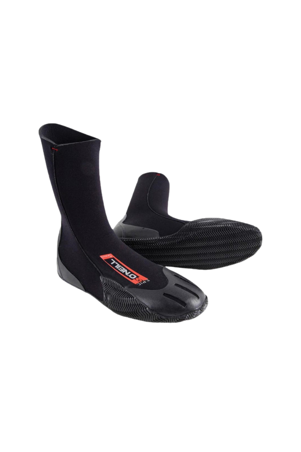 Black neoprene surf boots with a brand logo on a white background