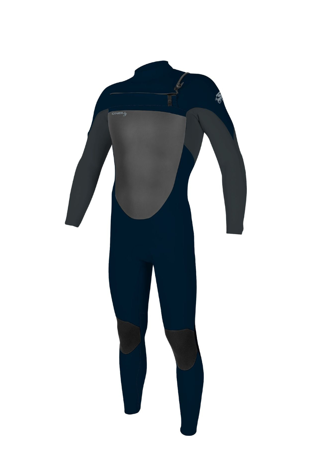 O'Neill Epic Wetsuit featuring a chest zip design and in a color called Abyss Gunmetal, showcasing the full suit with paddle zones and knee pads visible.