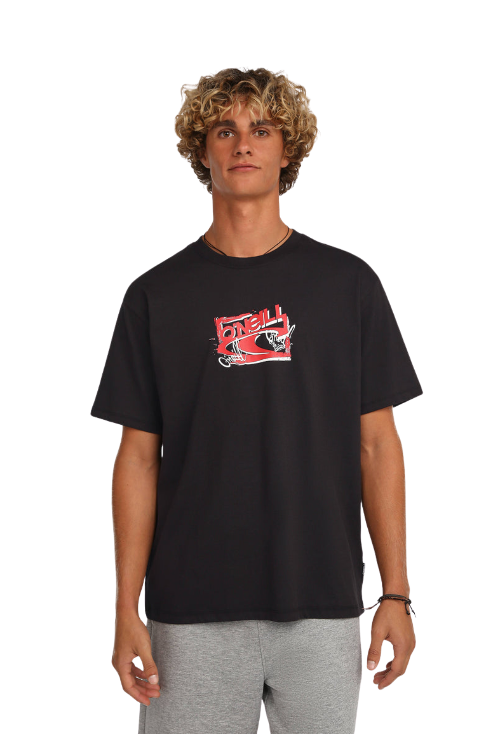 Person wearing a black t-shirt with a red graphic design on a white background