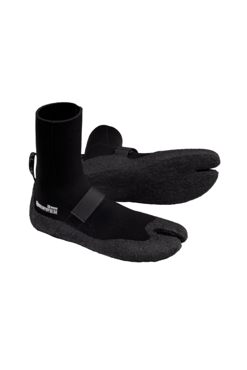 A pair of black O'Neill wetsuit boots with split toe compartment, shown on a white background