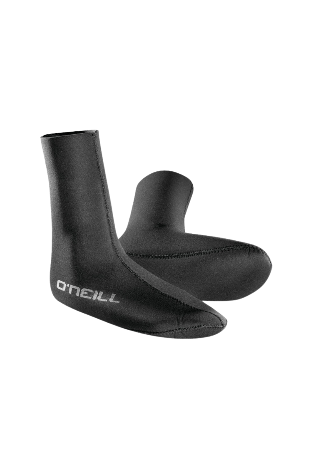 Black wetsuit foot covers with O'Neill branding on a white background