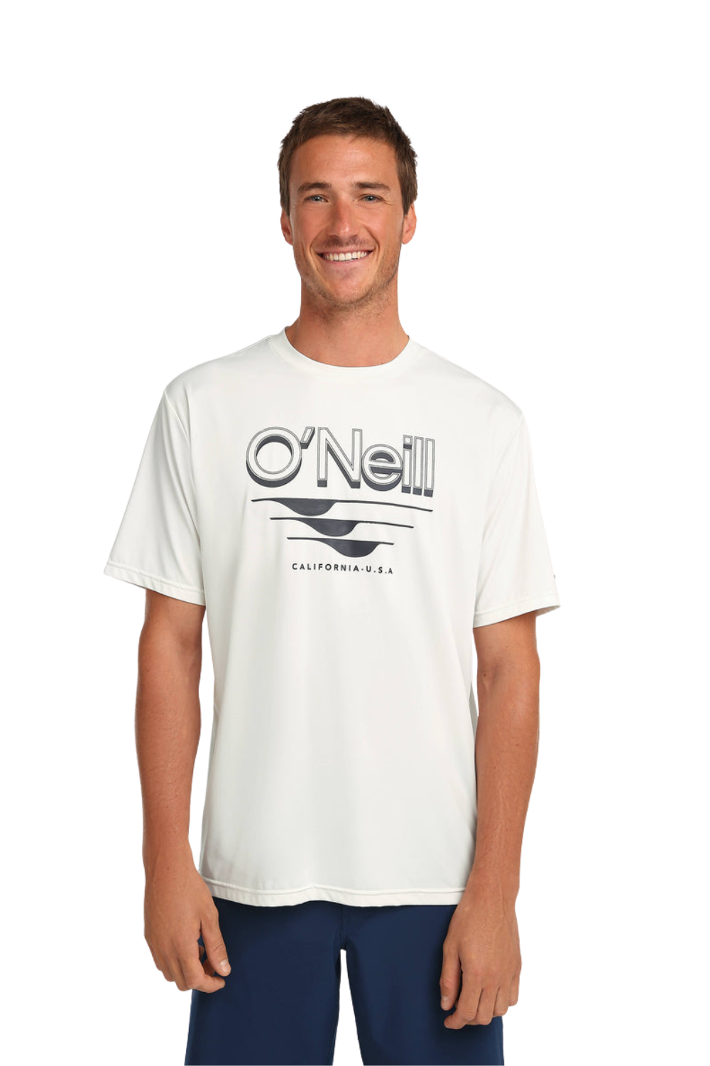 Man wearing a white O'Neill t-shirt on a white background
