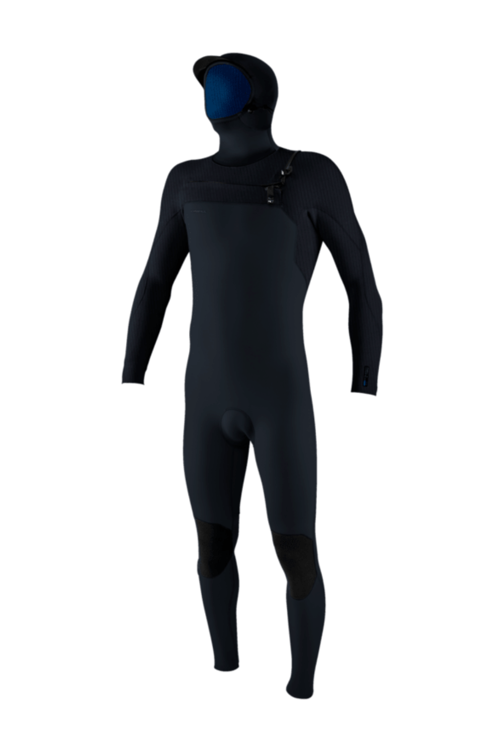 A O'Neill Hyperfreak 5/4+ men's wetsuit with a chest zip and a hood in Carbon/Dark Slate colour shown against a white background