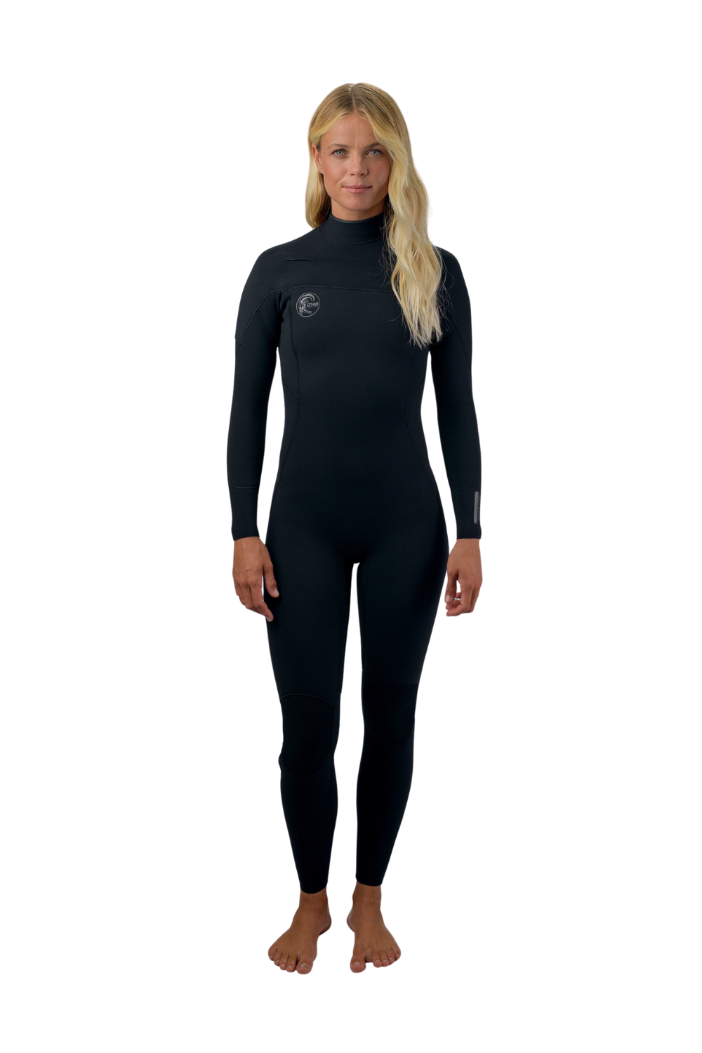 Woman wearing an O'Neill 5/4mm wetsuit with a chest zip in black.