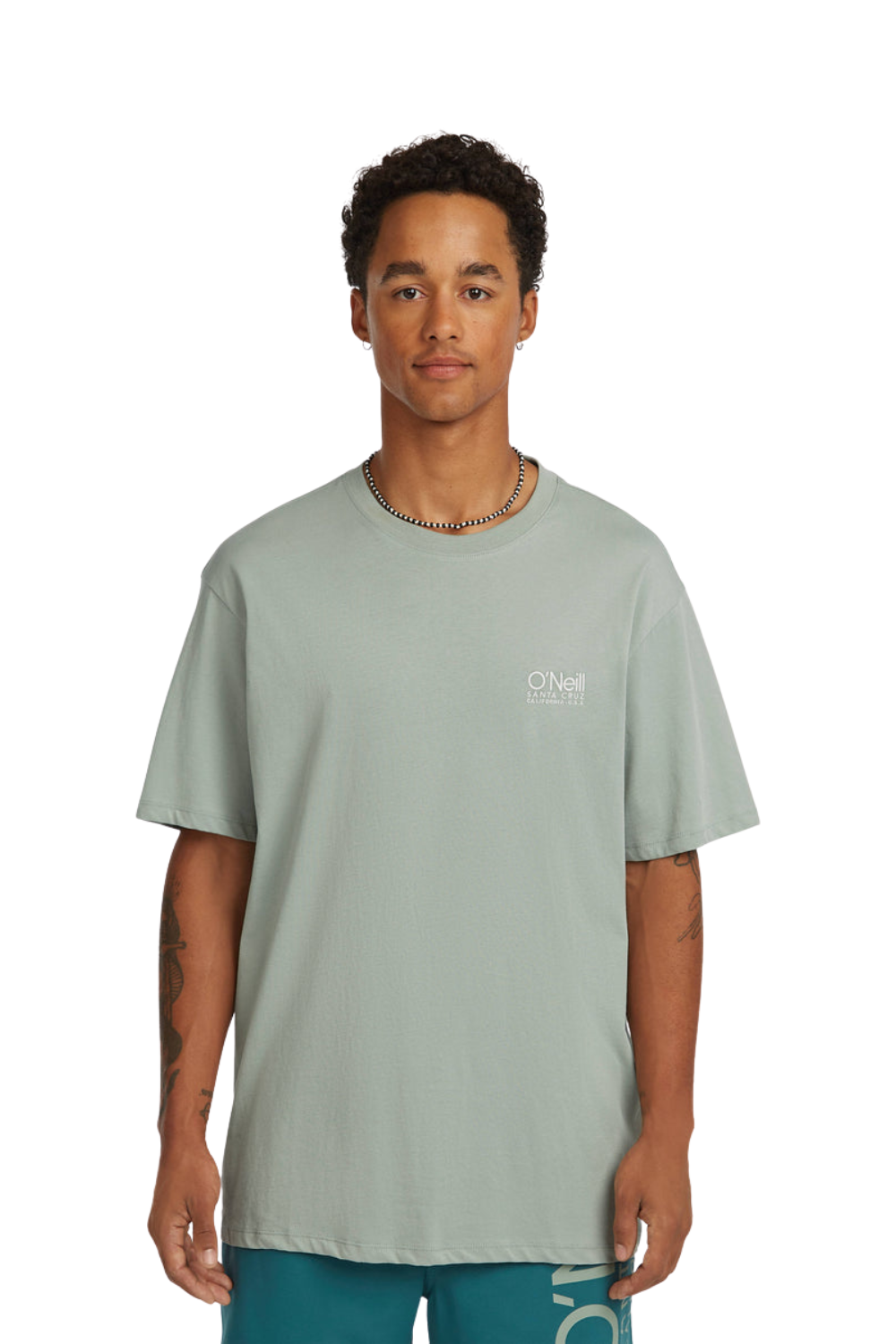 Person wearing a grey T-Shirt with a small logo on the chest