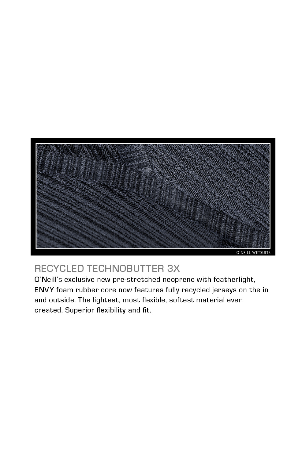 Text description of recycled technoblutter 3X material with a black and gray pattern on a white background.