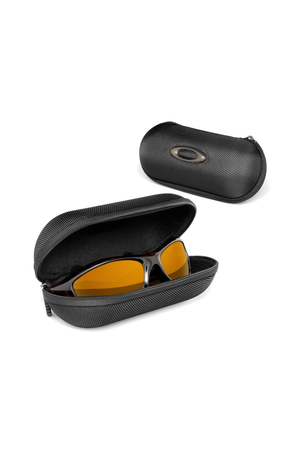 Black sunglasses case with yellow-tinted glasses on a white background