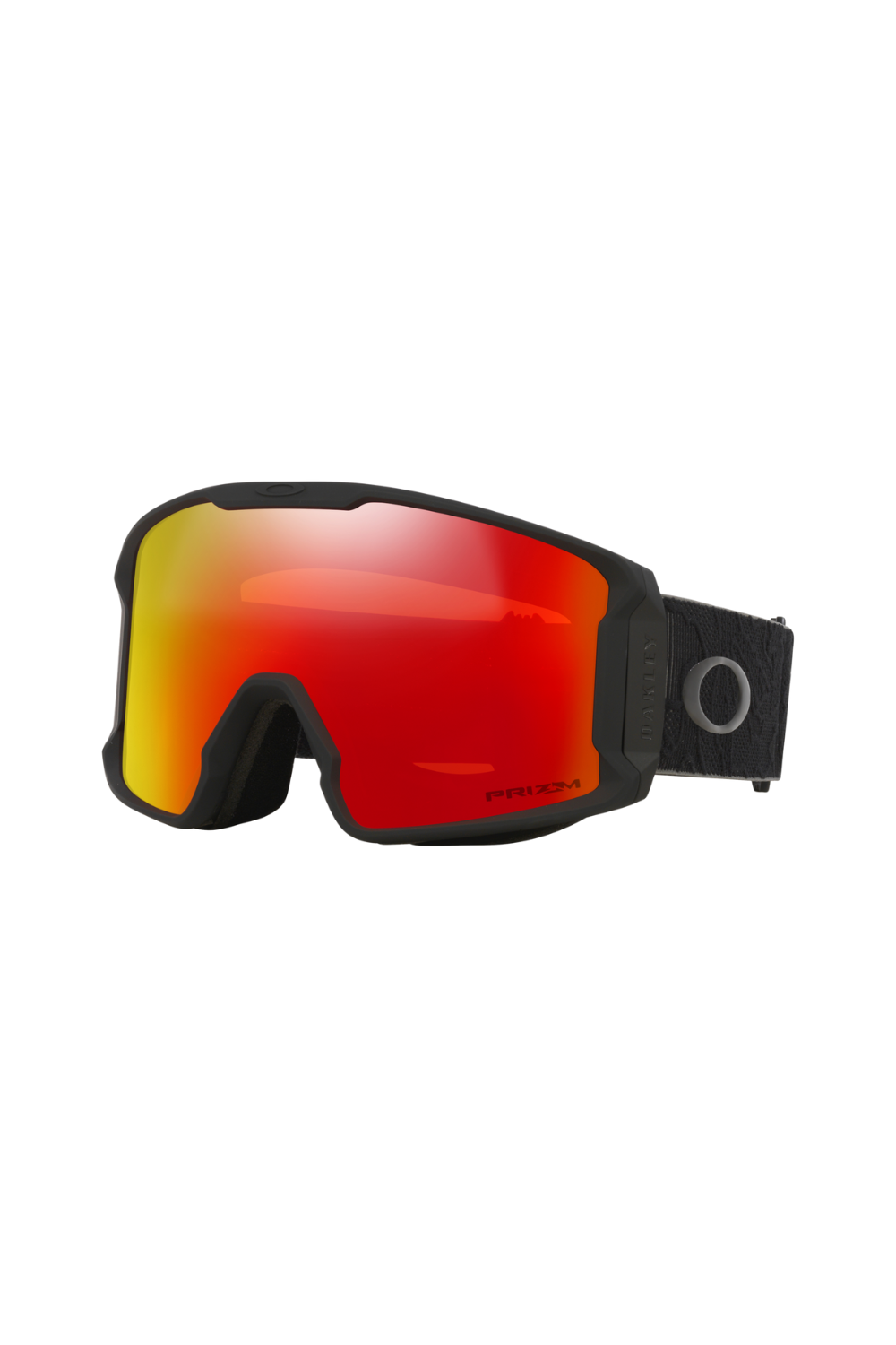 Black Oakley goggles with red reflective lenses on a white background