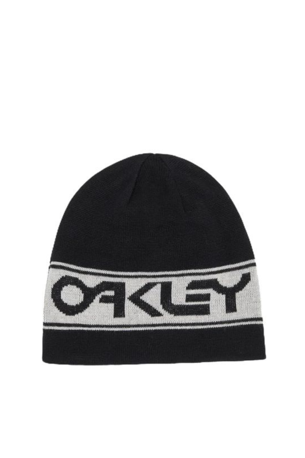 A black knit beanie hat featuring a wide white horizontal band across the middle with the word 'OAKLEY' in bold black letters.