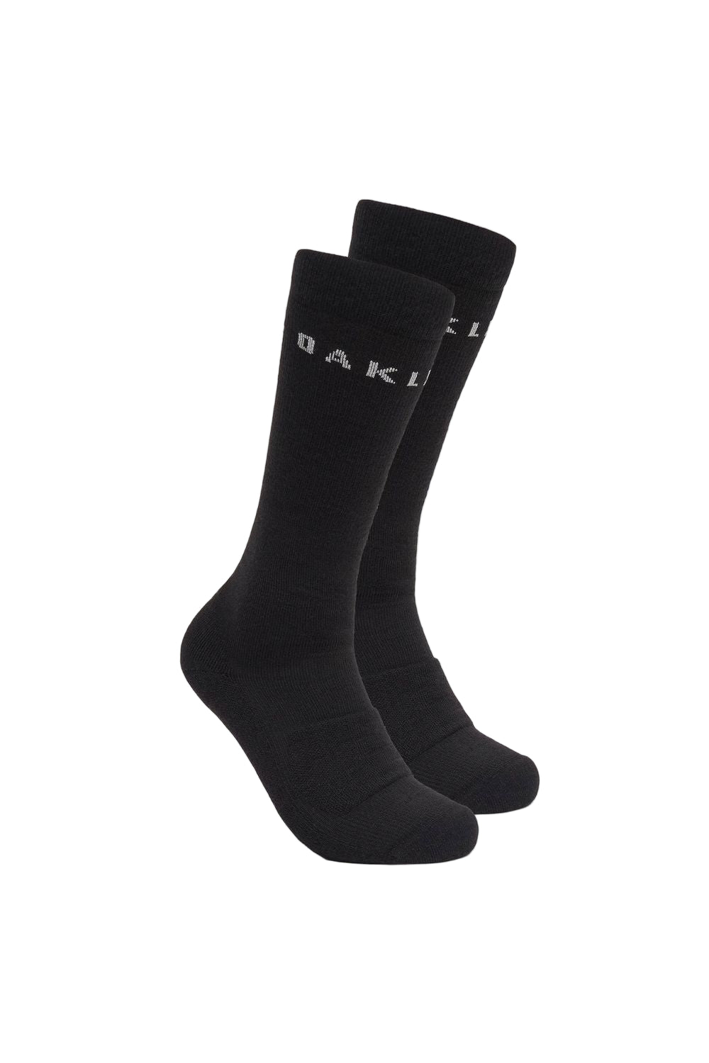 A pair of black over-the-calf socks with the brand name 'Oakley' written in white across the foot and heel areas.