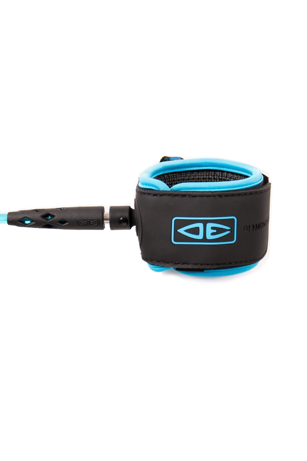 Black and blue surfboard leash with a logo on a white background