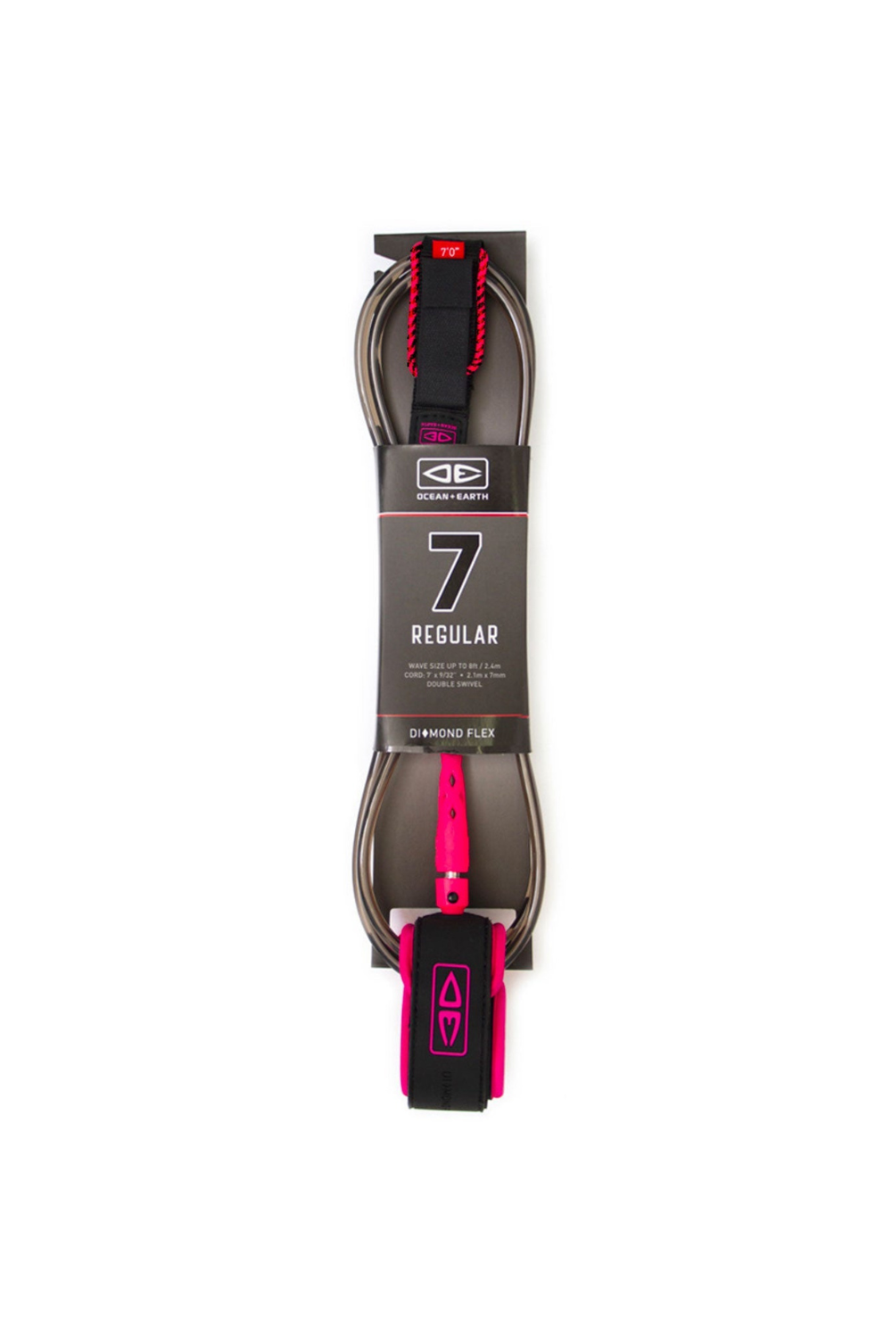 Surfboard leash with pink and black design on a white background