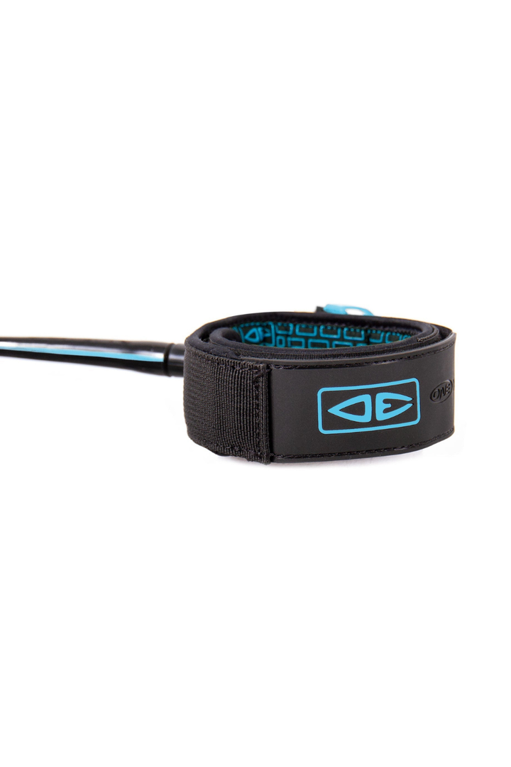 Black surfboard leash with blue logo on a white background