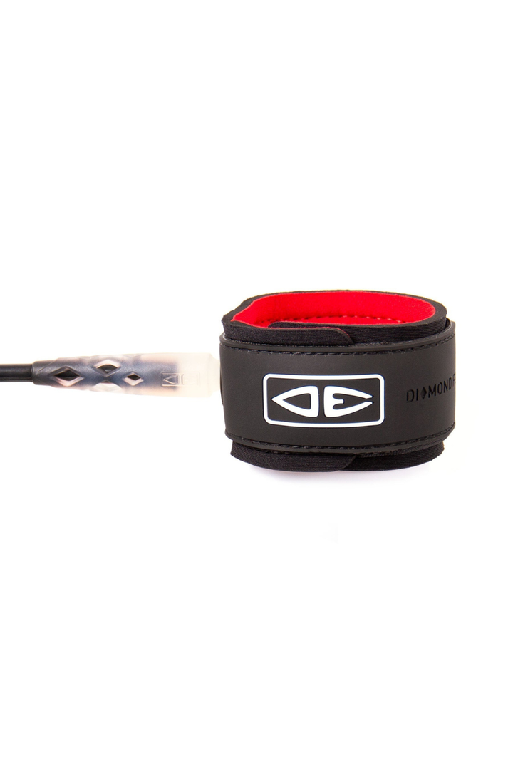Black surfboard leash on a white background.