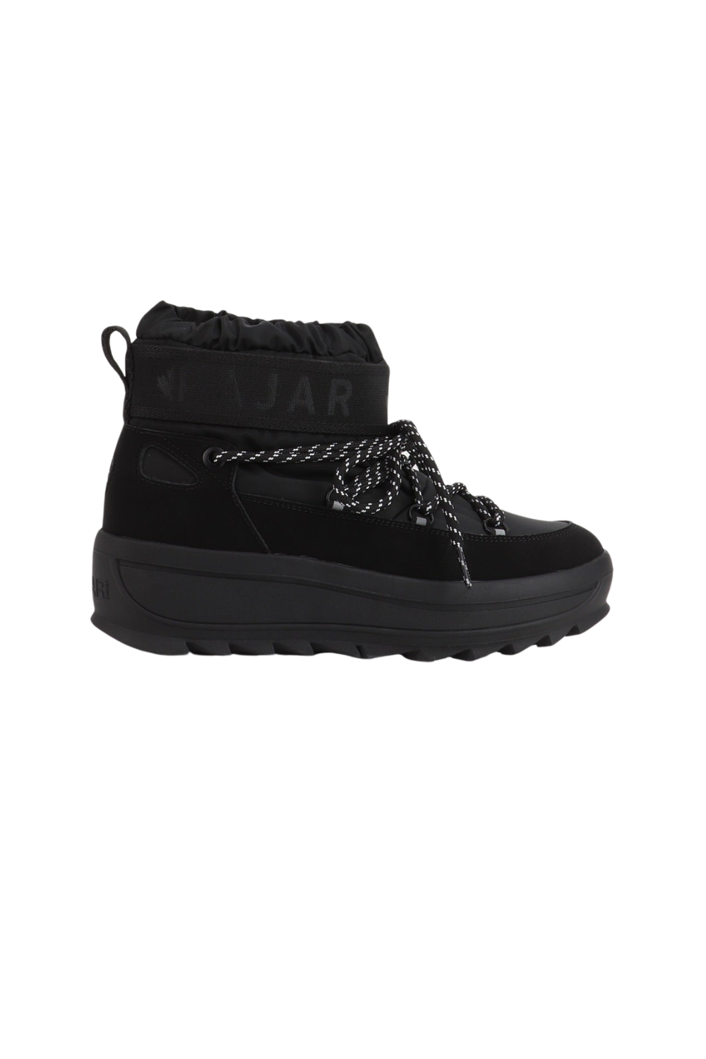 A light black winter boot with a thick, chunky sole, lace-up front, and a padded collar, shown from a side profile on a white background.