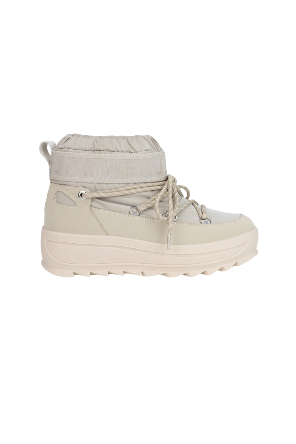 A light beige winter boot with a thick, chunky sole, lace-up front, and a padded collar, shown from a side profile on a white background.