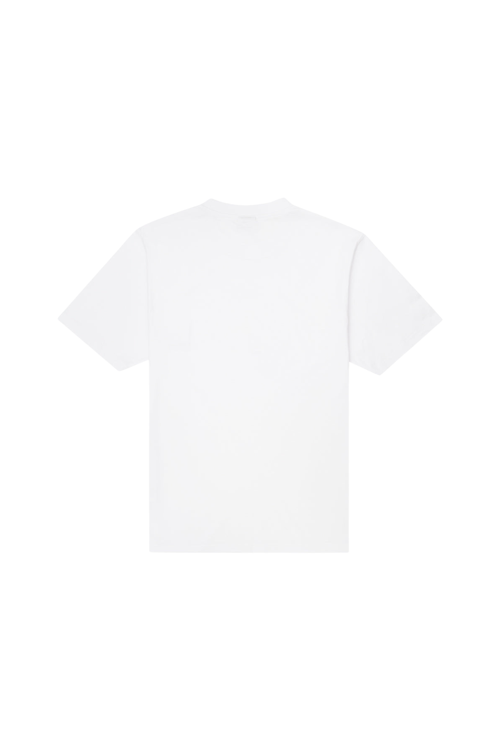 A plain white short-sleeve crewneck t-shirt shown from the back, laid flat against a solid white background.