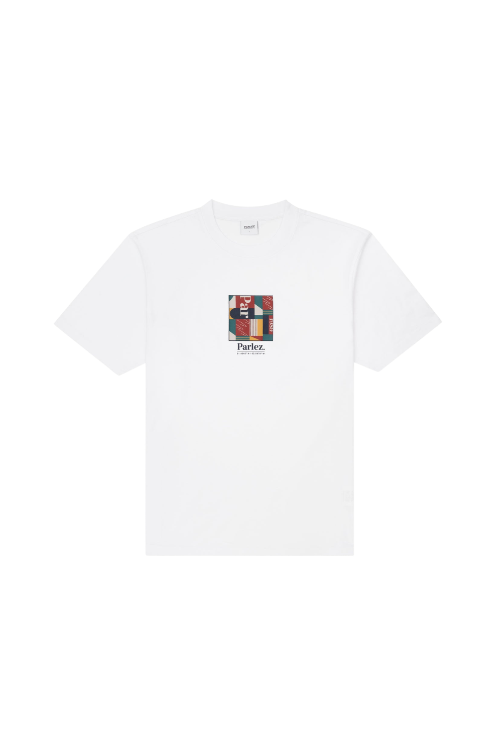 A white short-sleeve crewneck t-shirt with a small multicolor graphic print on the center chest featuring the brand name 'Parlez'.