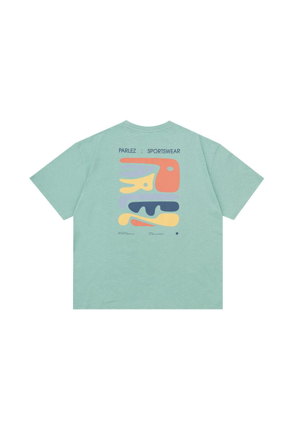 Light green t-shirt from Parlez with colorful graphic design on a white background