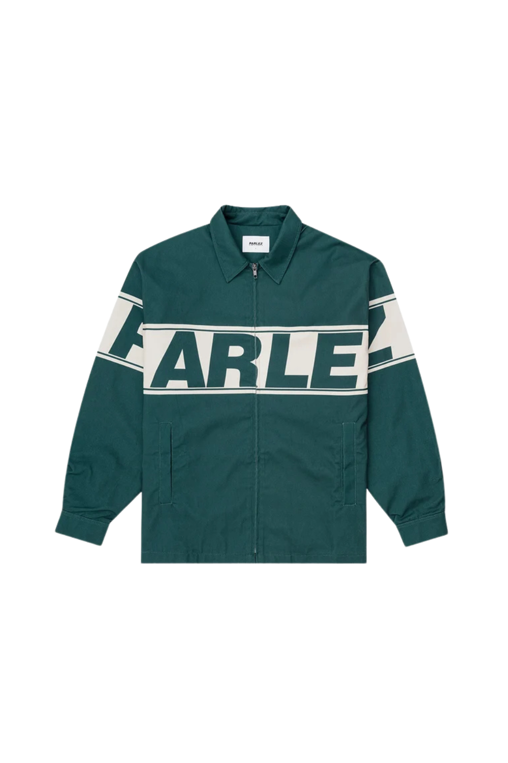 A dark green Harle coach jacket with a bold white and dark green graphic across the chest and sleeves, displayed flat against a solid white background.