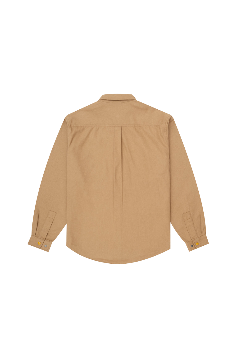 A tan long-sleeve button-up shirt shown from the back, featuring a central pleat and buttoned cuffs, displayed on a solid white background.