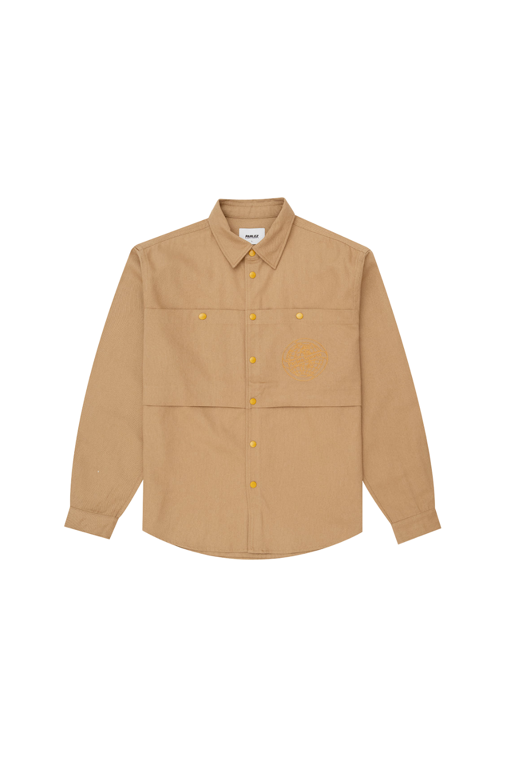 A tan long-sleeve button-up shirt with a pointed collar, two chest pockets, and matching tan buttons, displayed flat against a solid white background.