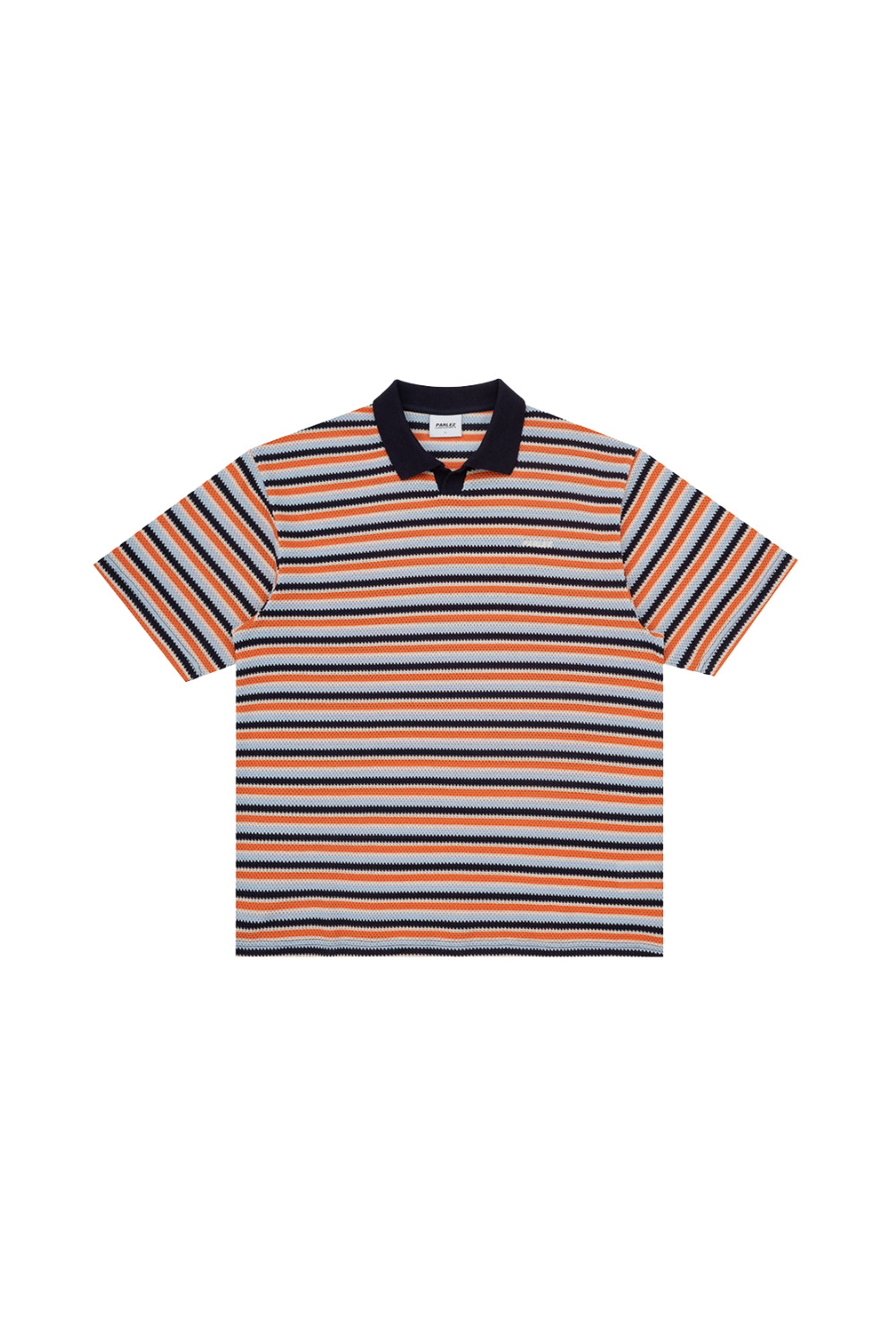 Striped polo shirt with orange, blue, and black stripes from Parlez on a white background