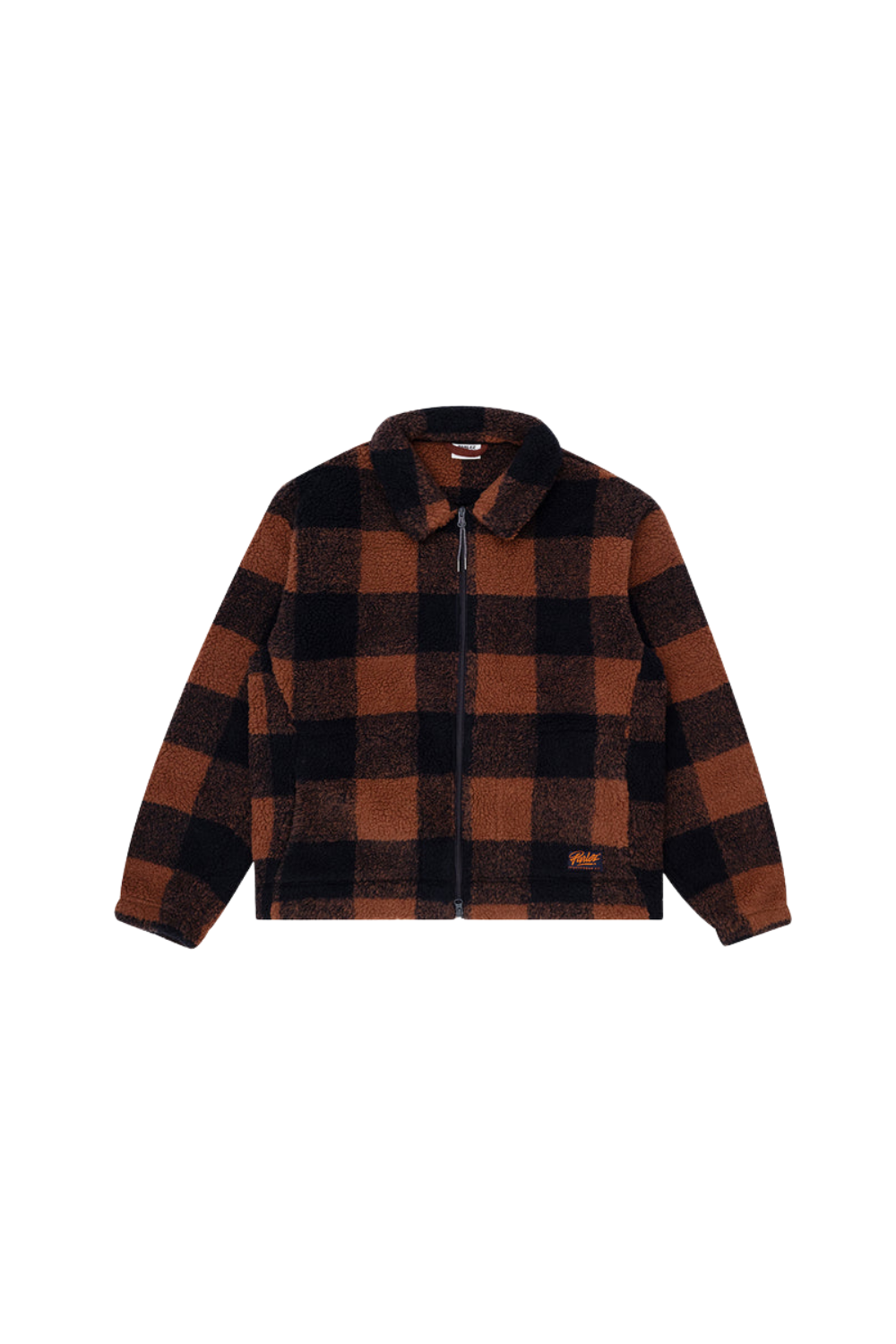 A men's sherpa fleece jacket in plaid brown and black with a  Parlez label on the lower left front shown on a white background