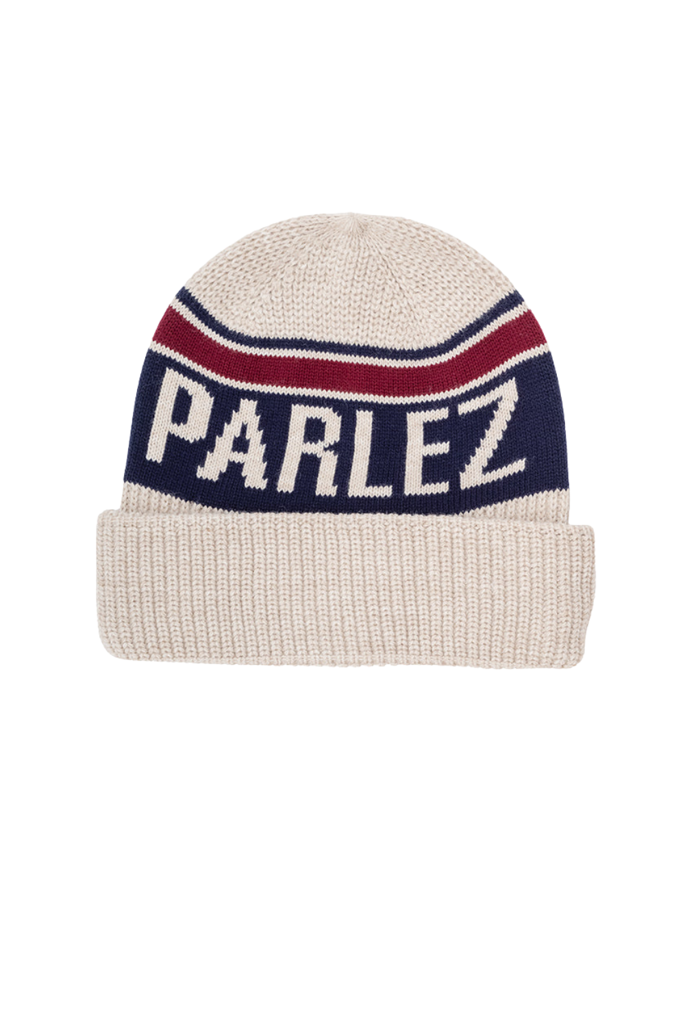 A knit beanie hat in cream with a navy blue band featuring the word 'PARLEZ' in white, bordered by thin red and navy stripes, on a plain white background.