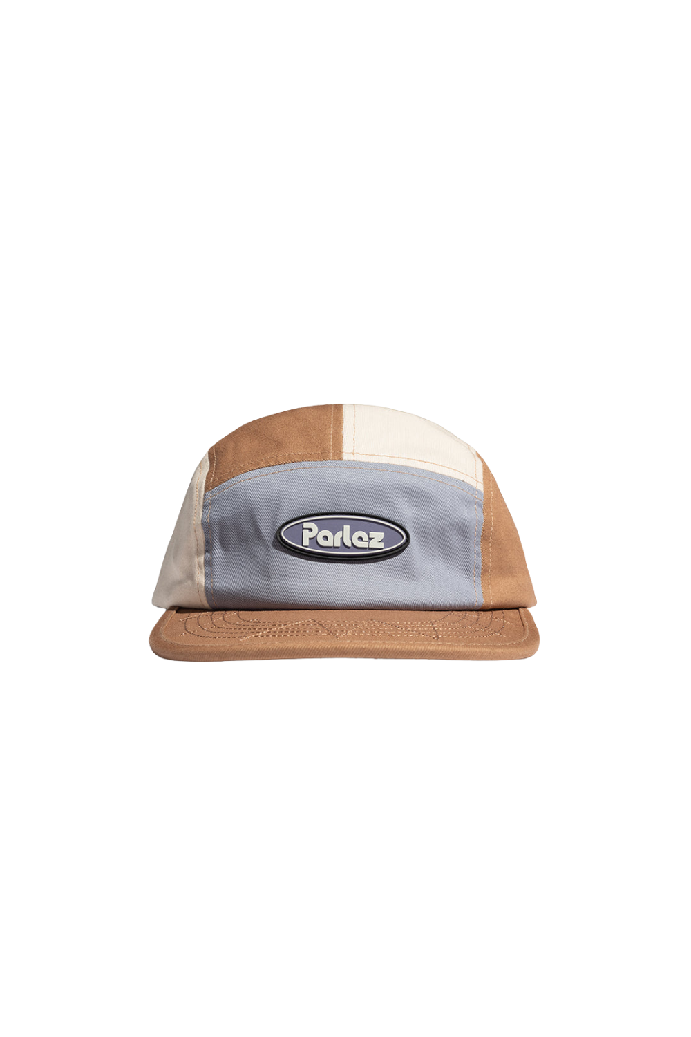 Snapback cap in brown, grey and creme panels on a white background