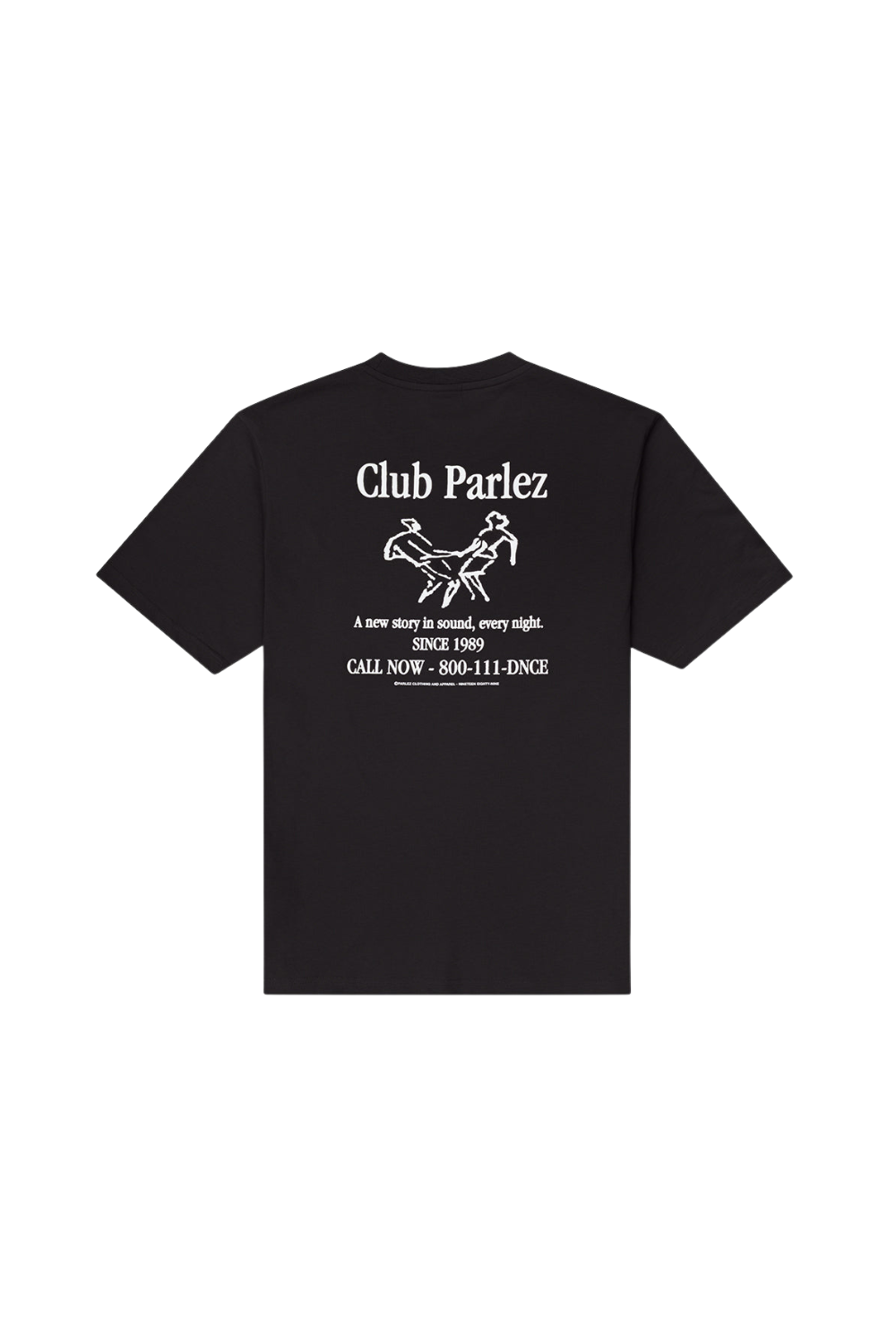 A black short-sleeve t-shirt with a white graphic print on the back featuring the text 'Club Parlez' and a stylized dancer illustration, displayed against a plain white background.