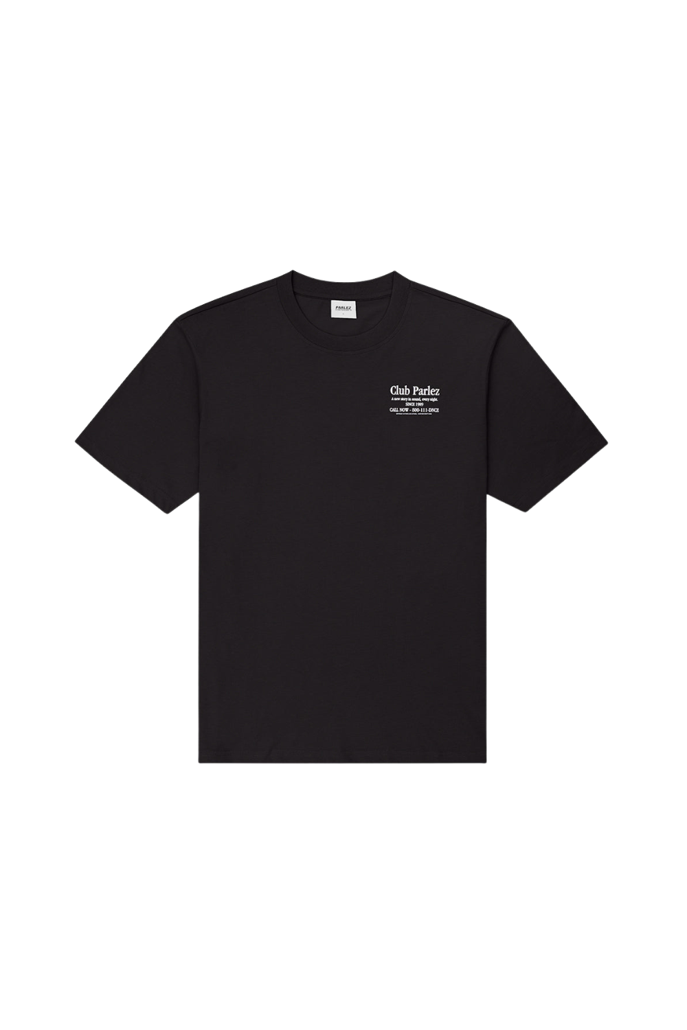 A black short-sleeve crewneck t-shirt with a small white printed logo on the left chest, displayed flat against a solid white background.