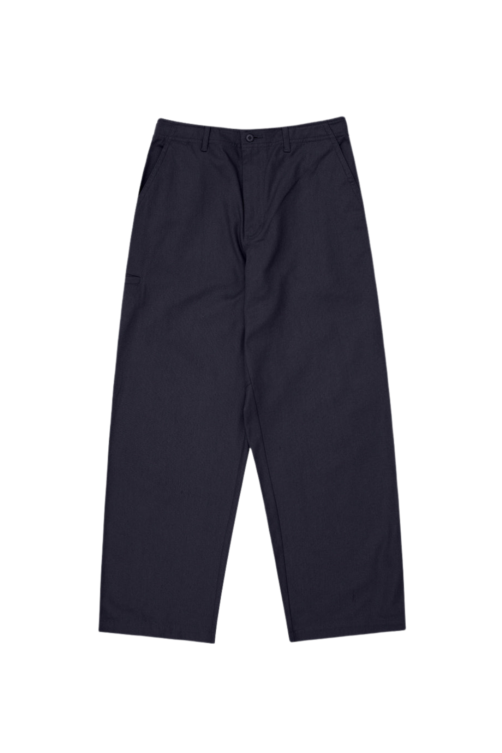 A pair of dark navy blue work pants shown flat against a solid white background.