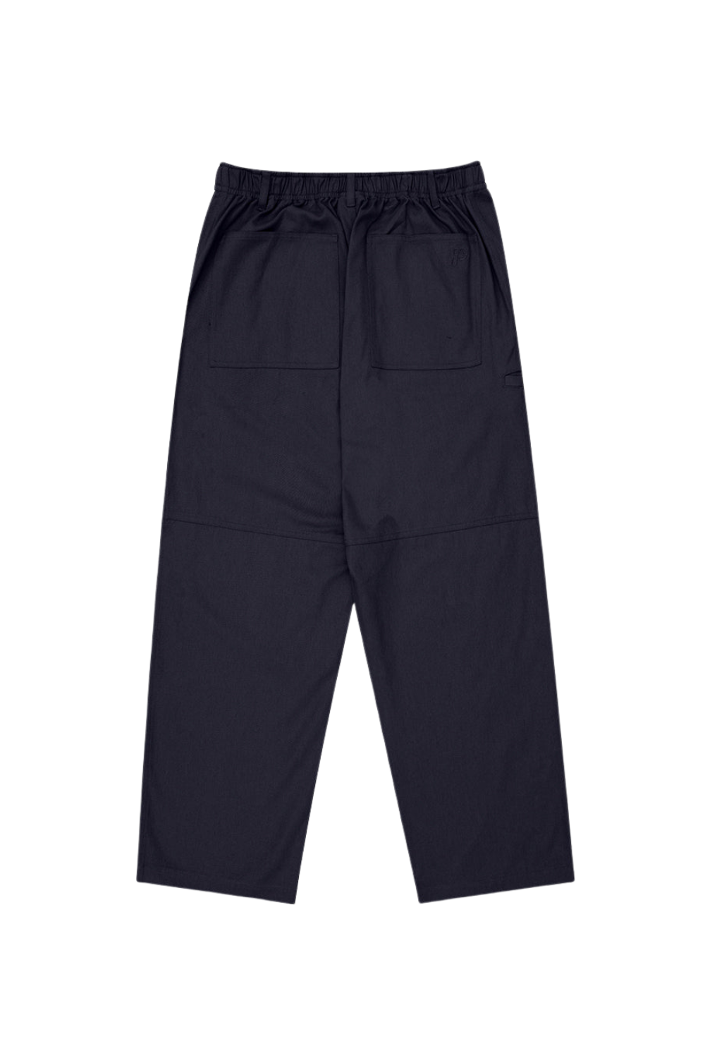 A pair of dark navy blue cropped pants from the back with an elastic waistband, drawstring, and back patch pockets, shown flat on a white background.