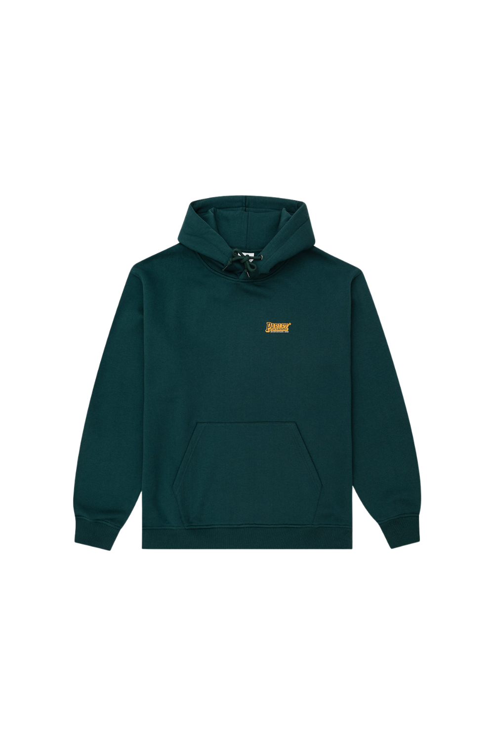 A dark green pullover hoodie with a small yellow printed logo reading 'Parlez' on the left chest, displayed against a solid white background.
