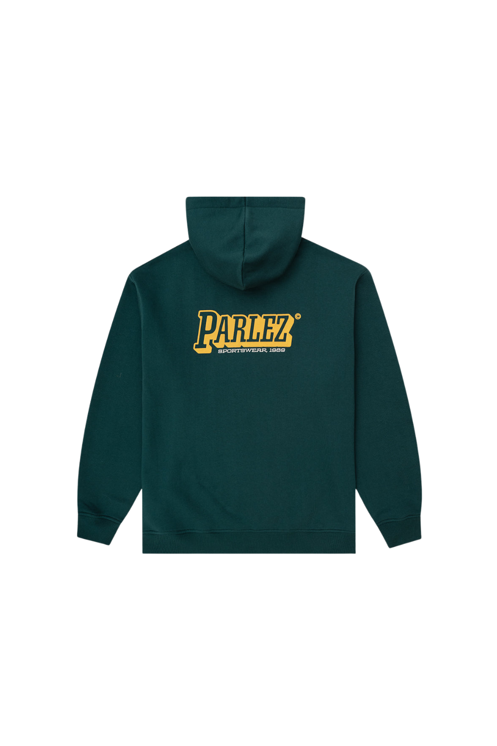 A dark green pullover hoodie shown from the back, featuring a yellow 'Parlez' graphic printed across the upper back, set against a plain white background.