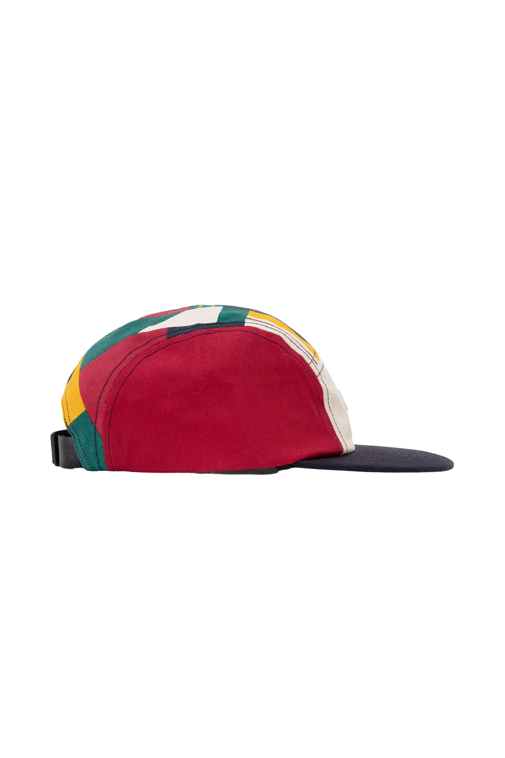 A multicolor patchwork 5-panel cap shown from the side profile against a solid white background.