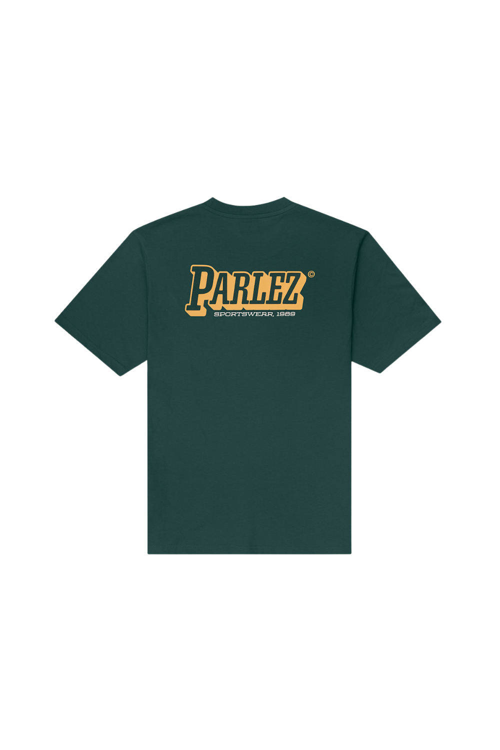 A dark green short-sleeve t-shirt with a yellow and white 'PARLEZ' graphic printed across the upper back, displayed on a solid white background.