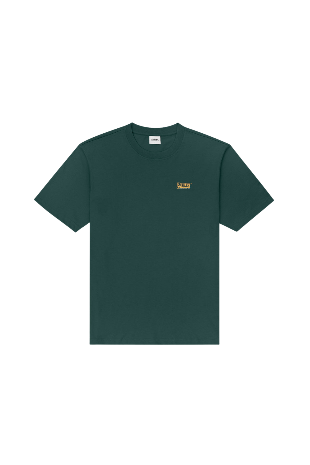A dark green short-sleeve crewneck t-shirt with a small gold printed 'PARLEZ' logo on the left chest, displayed flat against a solid white background.