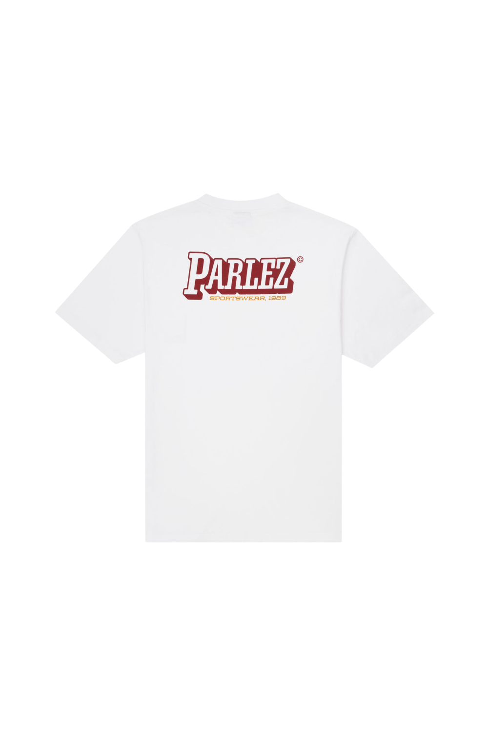 A white short-sleeve t-shirt with a red 'PARLEZ' graphic printed across the upper back, displayed on a clean white background.