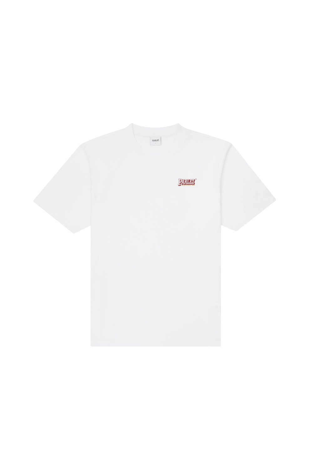 white t-shirt that reads 'parlez' in red writing on the right upper side, on a white background
