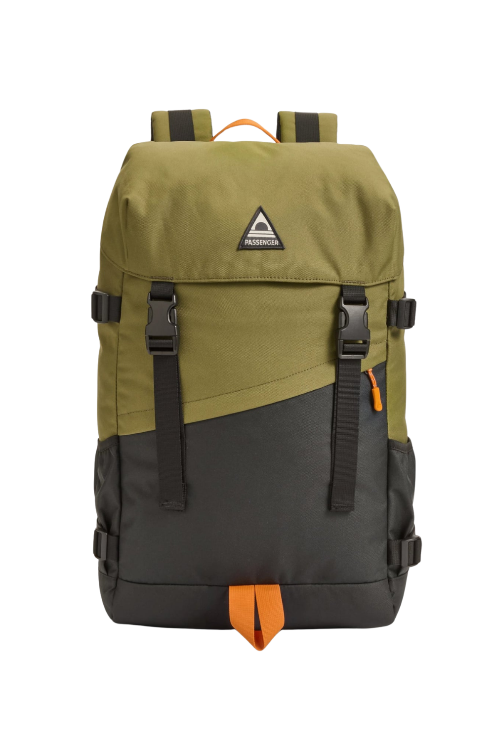A two-tone backpack in olive green and black with small orange accents, shown against a plain white background. The brand name 'Kingsnorth' is visible on a small triangular patch on the front.